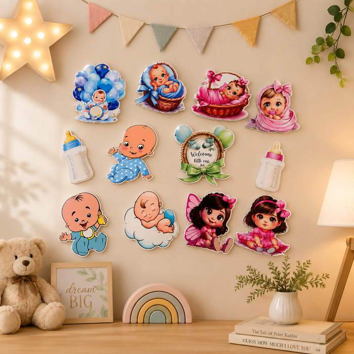 12 Pcs Baby Shower MDF Cutout 5-6 Inch Mix Design Set (Blue & Pink) | Baby Boy & Girl Hamper Decoration | DIY Welcome Baby Party Decor