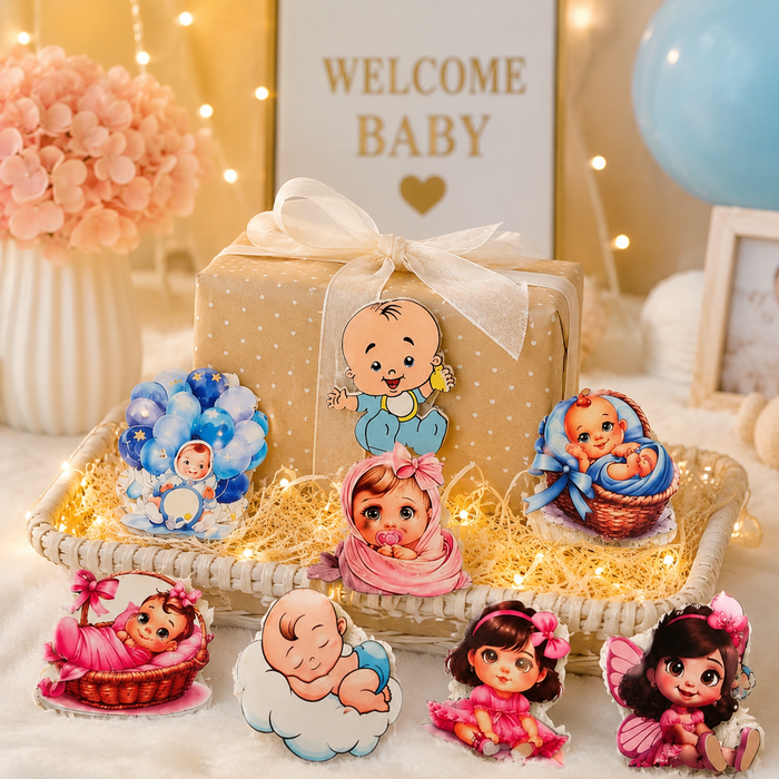 12 Pcs Baby Shower MDF Cutout 5-6 Inch Mix Design Set (Blue & Pink) | Baby Boy & Girl Hamper Decoration | DIY Welcome Baby Party Decor