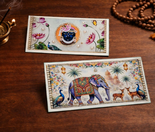2 PCS Premium Decorative Resin Envelope/Money envelope with Krishna/shreensthji  & Elephant Design –  & Rakhi Money Envelope Wedding Shagun Cash Gift Envelope (7.5×4 Inch)