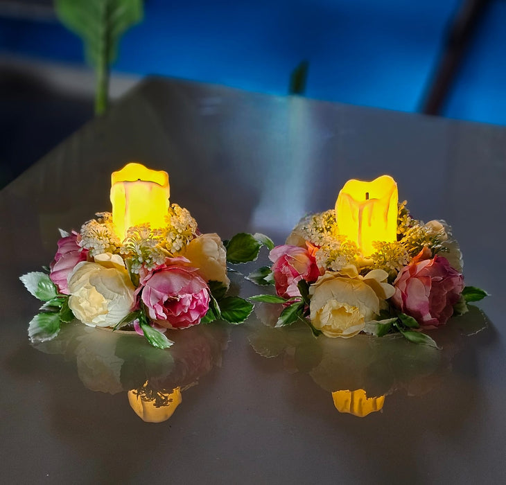 Artificial Flower Center Table Candle Holders with LED candle for Center Table Decor, LED Tealight Candle with Artificial Floral Arrangement, Home Decoration, Housewarming, Wedding, and Festive Decor(5 Inch)