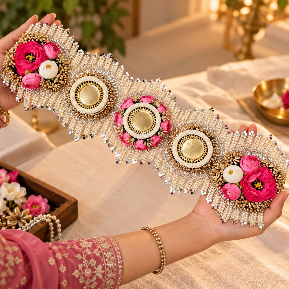 1 Pcs Premium Toran Table Decor Mat | Pearl & Floral Embellished Table Runner | 30×16 Inch Traditional Festive Pooja & Home Décor Mat