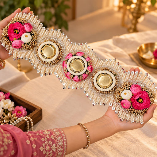 1 Pcs Premium Toran Table Decor Mat | Pearl & Floral Embellished Table Runner | 30×16 Inch Traditional Festive Pooja & Home Décor Mat