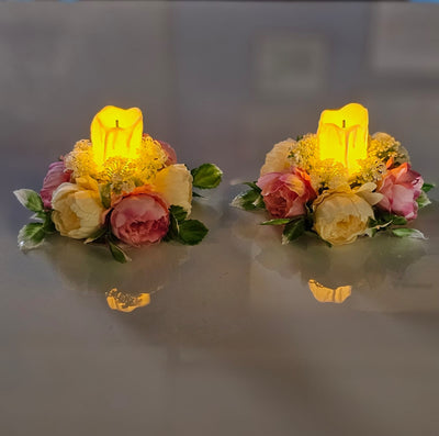 Artificial Flower Center Table Candle Holders with LED candle for Center Table Decor, LED Tealight Candle with Artificial Floral Arrangement, Home Decoration, Housewarming, Wedding, and Festive Decor(5 Inch)