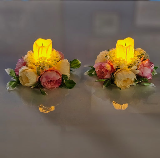Artificial Flower Center Table Candle Holders with LED candle for Center Table Decor, LED Tealight Candle with Artificial Floral Arrangement, Home Decoration, Housewarming, Wedding, and Festive Decor(5 Inch)