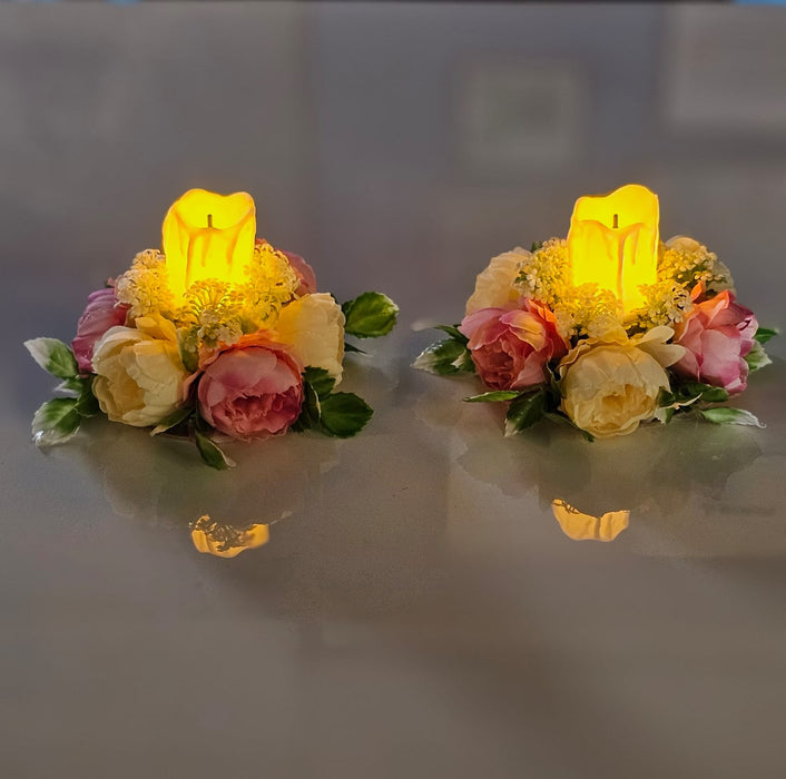 Artificial Flower Center Table Candle Holders with LED candle for Center Table Decor, LED Tealight Candle with Artificial Floral Arrangement, Home Decoration, Housewarming, Wedding, and Festive Decor(5 Inch)