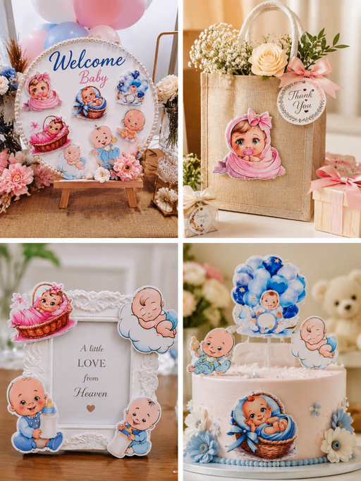 12 Pcs Baby Shower MDF Cutout 5-6 Inch Mix Design Set (Blue & Pink) | Baby Boy & Girl Hamper Decoration | DIY Welcome Baby Party Decor