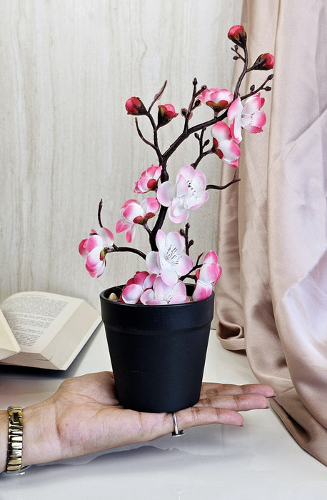 2 Pc Artificial Blossom Flower Stick with Plastic Pot Flower Pot for Home Decor, Living Room, Gifting, Table Top, Showpiece, Balcony, Raksha Bandhan Gifting(with Pot)