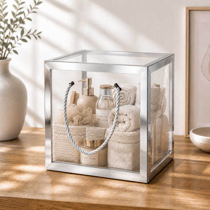 Clear Transparent Gift Box with Frame and Rope Handle for Hampers, Wedding Gifts, Return Gifts, Chocolates, Dry Fruits, Cosmetics, Baby Shower, Festive Gifting & Premium Gift Packaging (21 cm x 21 cm x 21 cm size)