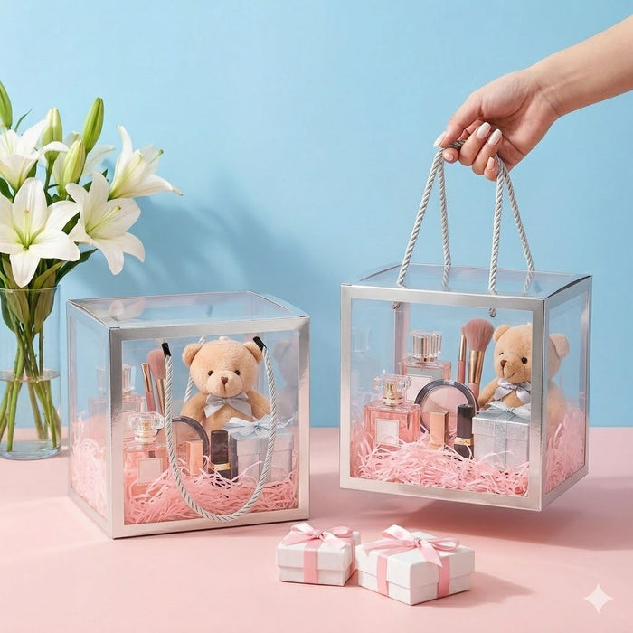 Clear Transparent Gift Box with Frame and Rope Handle for Hampers, Wedding Gifts, Return Gifts, Chocolates, Dry Fruits, Cosmetics, Baby Shower, Festive Gifting & Premium Gift Packaging (21 cm x 21 cm x 21 cm size)