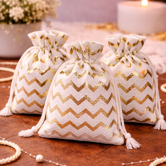 Golden Lines Drawstring Jute stylish Storage Potli pouches for Small Jewelries, Money, Paper Notes Women Wallet, Gift Bags, return gift, Women handbag Shagun Pouch, Candy Bags