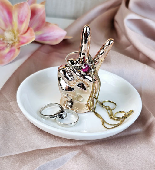 1 Pcs Hand in Plate Ceramic Ring Holder Jewellery Holder Showpiece for Home Decor, Statue, Living Room, Decorative Gift Item, Table Decor,Restaurant Centre Piece,Diwali Gifting (Pack of 1) (Model 2)(Rosegold)