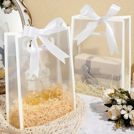 Medium size Translucent Goodie Bags with Handles - Clear Gift Bags, Hamper, Shopping, Wedding Return, Birthday, Festivals & Event Bags (WHITE BORDER) (35x24x10 cm)