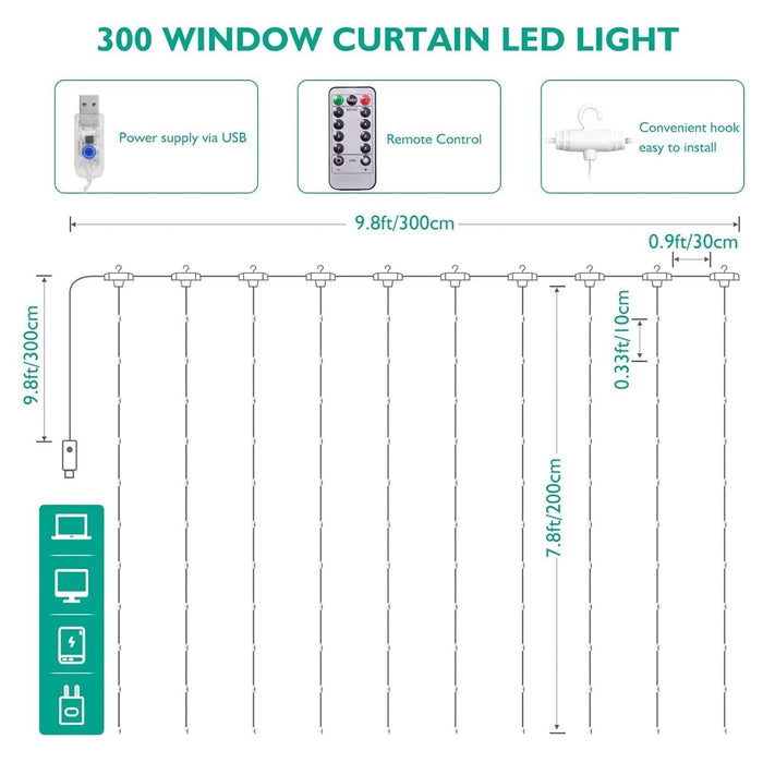 1 Pcs Window Curtain String Light 300 LED 8 Lighting Modes Fairy Lights Remote Control USB Powered (Pack of 1)