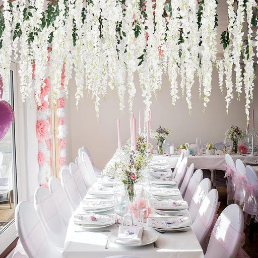 (43.2 inch) Artificial Wisteria Vine Garland Fake Silk Hanging Bush Flowers for Home Decor, Wedding, Pooja, Mandap, Outdoor Garden Decoration, Door & Balcony (White)