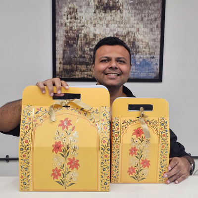 Yellow Rajawadi Gift Hamper Box with Ribbon | Premium Cardboard Gift Box for Dry Fruits, Sweets & Chocolates