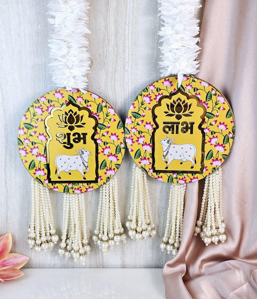 2 Pcs (1 set) Subh-Labh Wall Hangings Decoration, Door Side Décor hangings, Door Toran, Traditional Design for Home, Room, Mandir Décor Items, Pooja Décor, Diwali decoratives,Ganpati mandap decor (Design 6